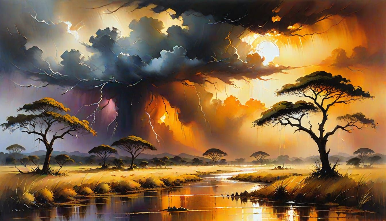 African Savannah Thunderstorm in Impressionist Style