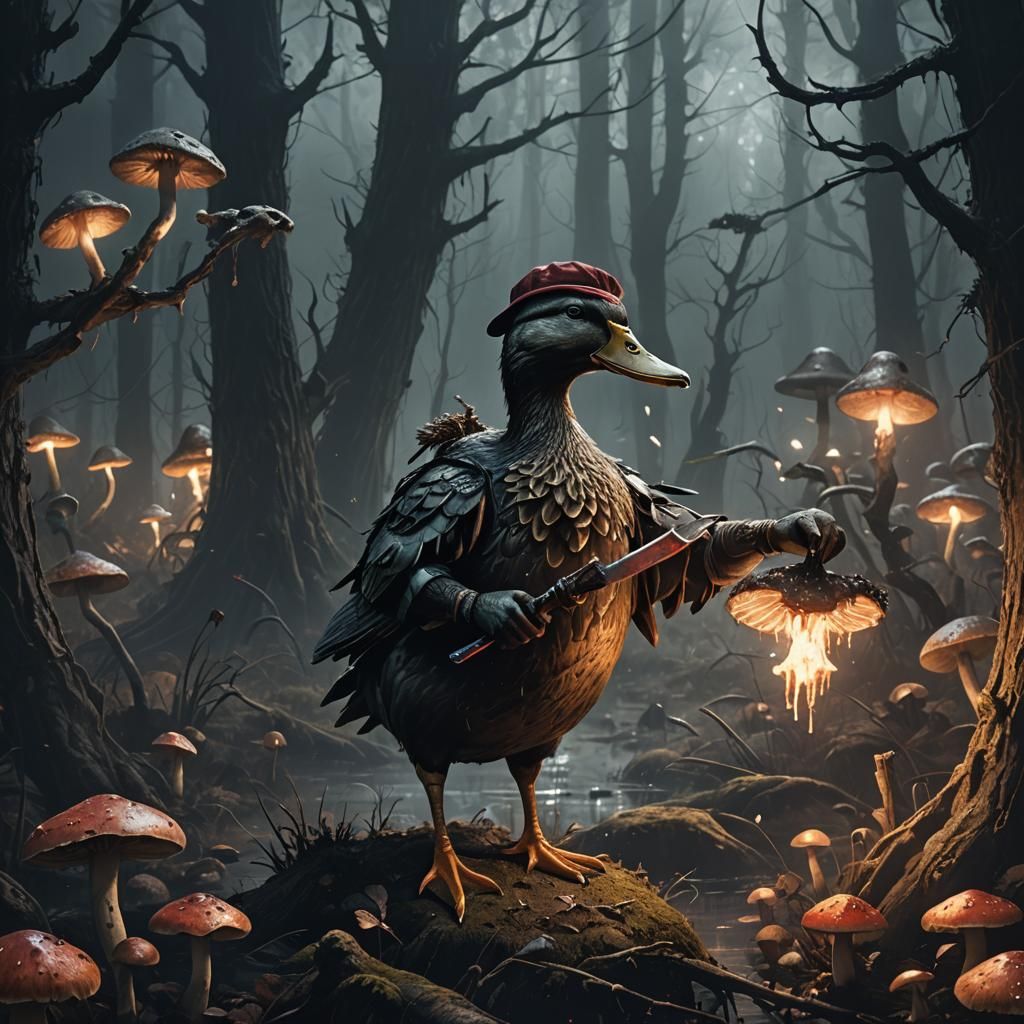 Dark Fantasy Duck with Glowing Mushrooms and Knife
