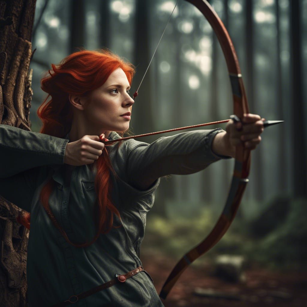 Redhead Archer in Forest: Hyperrealistic HDR Image