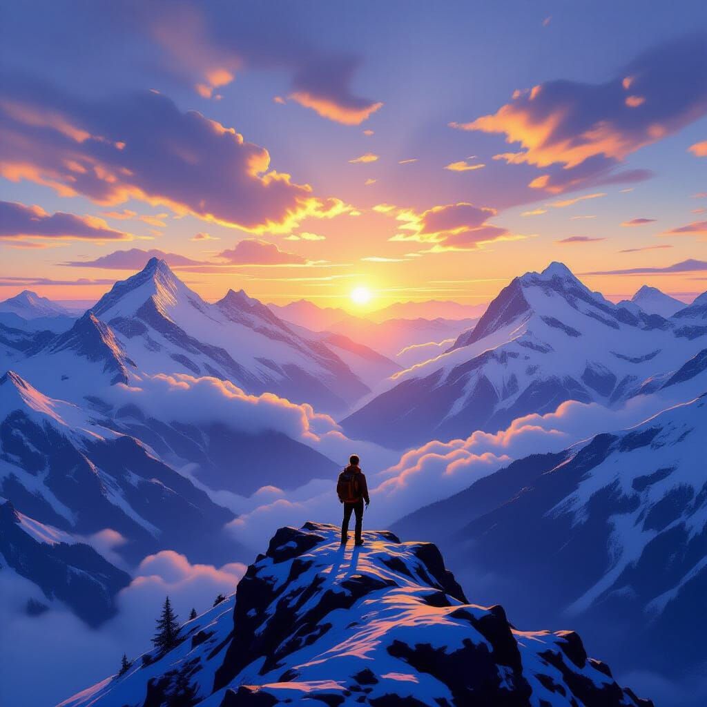Hiker on Swiss Alps Peak at Sunrise, Cinematic Matte Paintin...