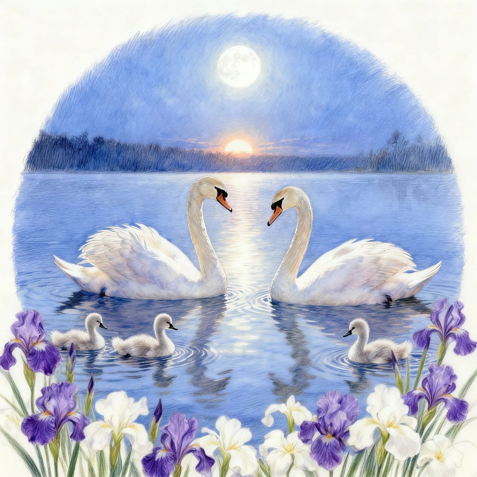 Realistic Swans and Cygnets on a Twilight Lake
