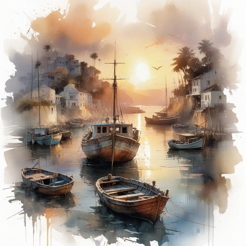Old Boat at Harbour in Watercolour Style Sunset