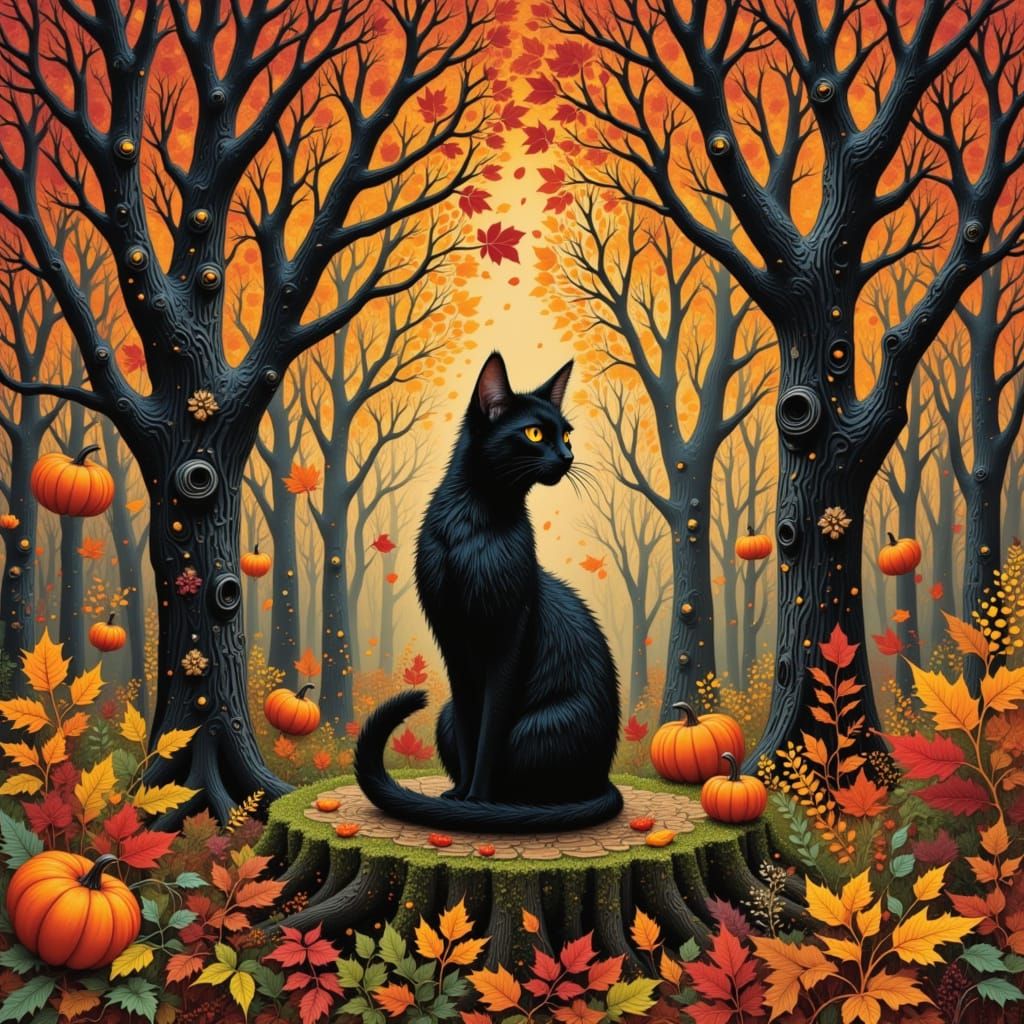 Black Cat in Autumn Setting with Twinkling Lights