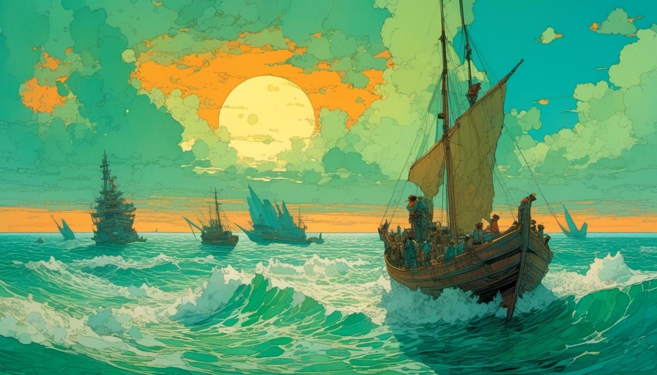 Bireme on the Ocean in Moebius Style