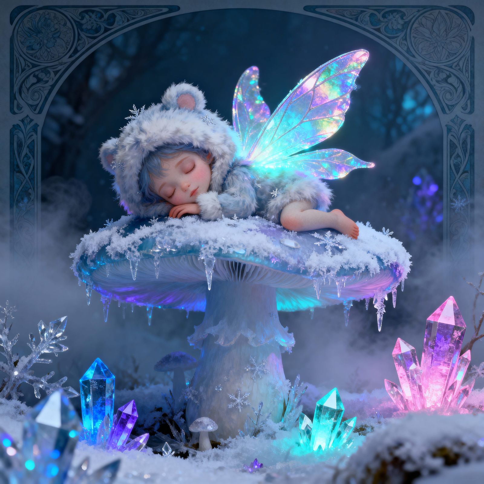 Charming Frost Fairy Rests on Mushroom in Ethereal Winter Sc...
