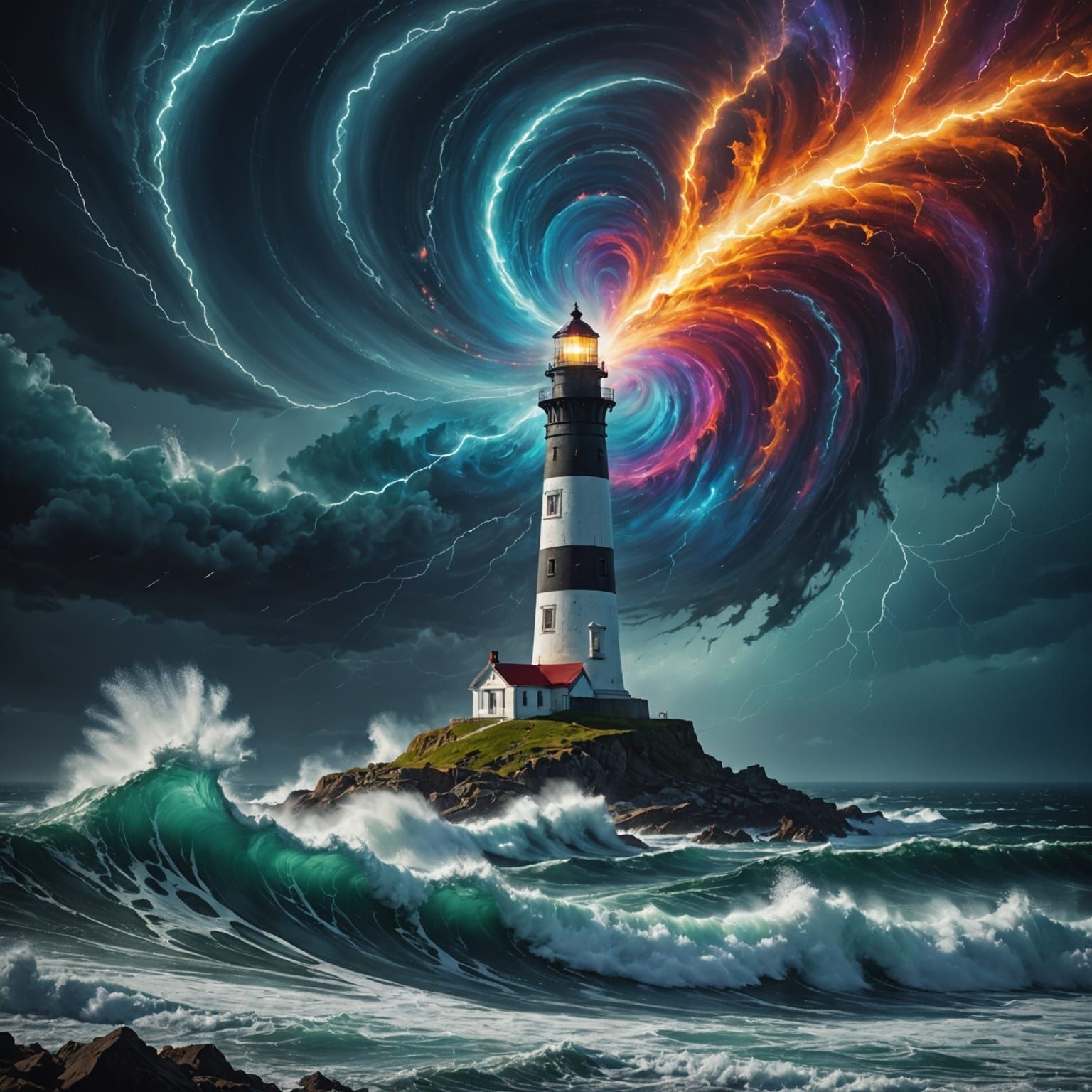 Lighthouse Against Cosmic Storm in Splash Art