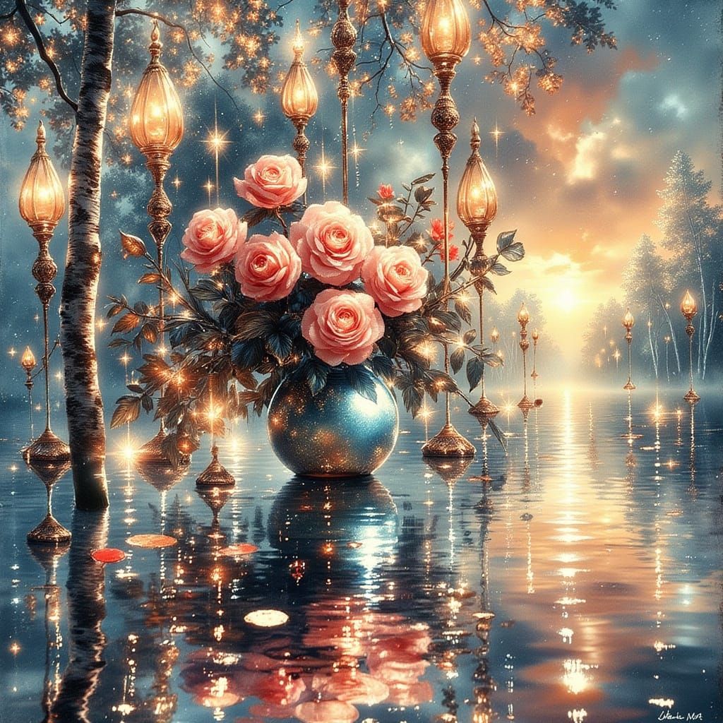 Intricate Watercolor Still Life with Roses and Magical Light...