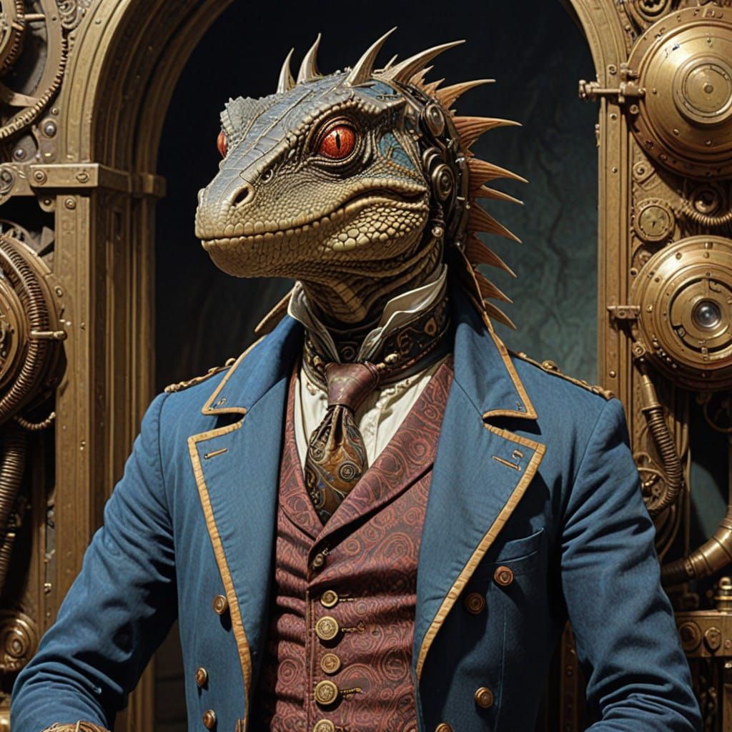 Elegant Steampunk Lizardman in Industrial Fantasy