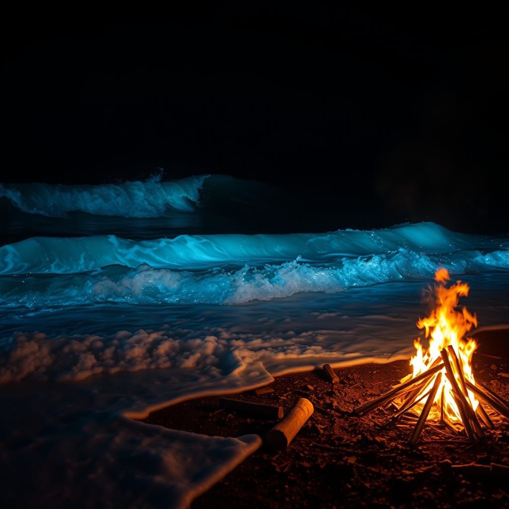 Bioluminescent Waves and Bonfire at Night