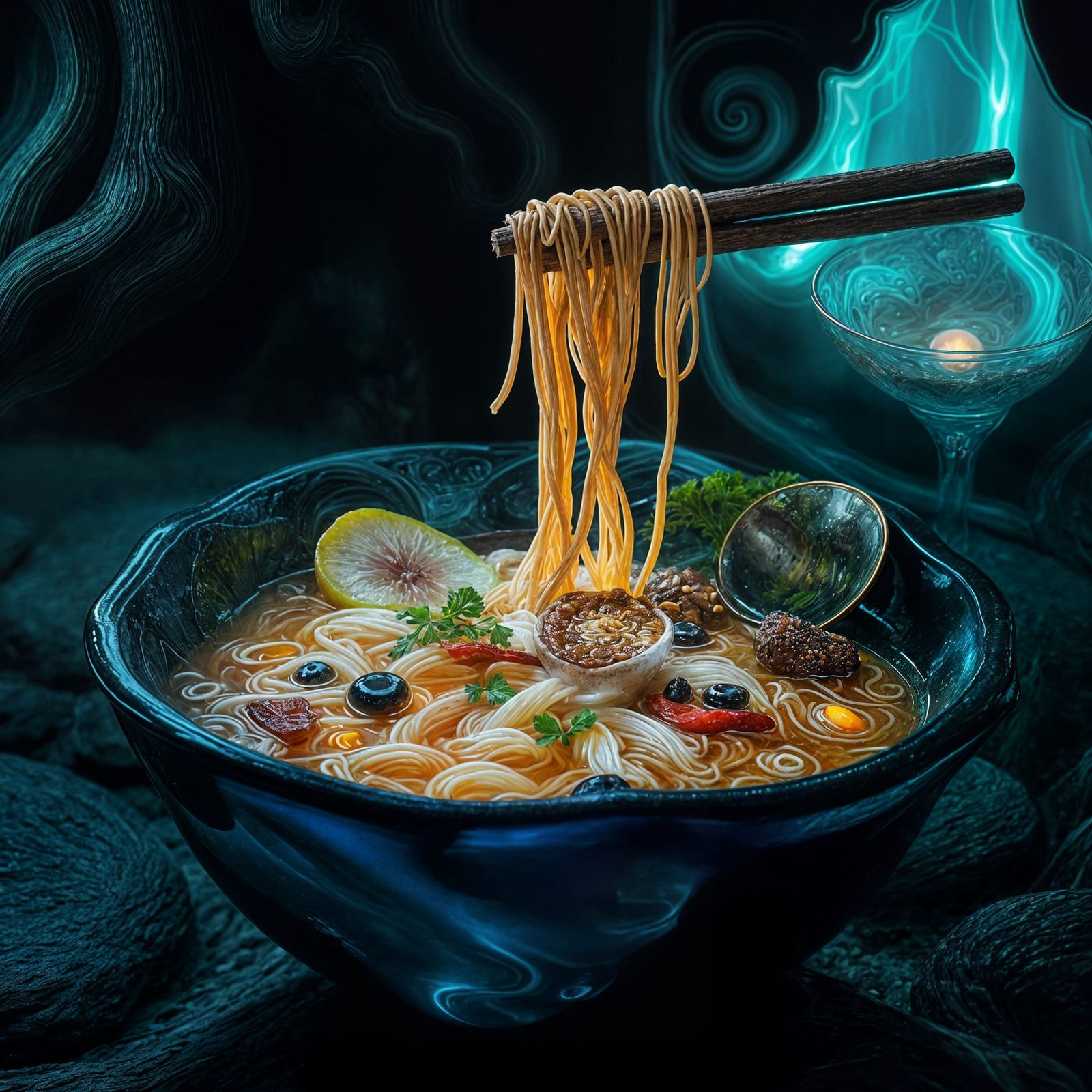 Bioluminescent Ramen in Obsidian Bowl