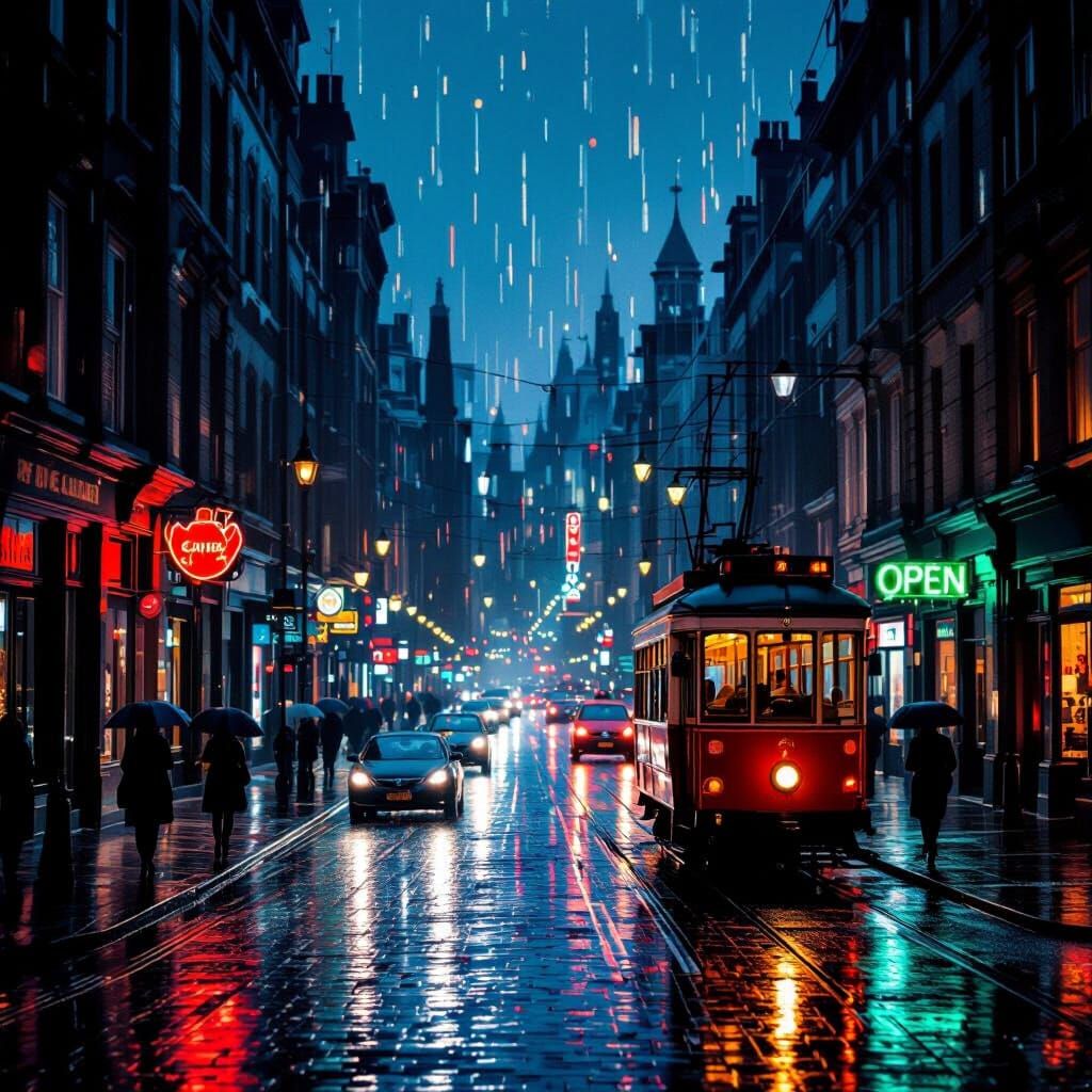 Nighttime Cityscape with Light Trails in Whistler Style