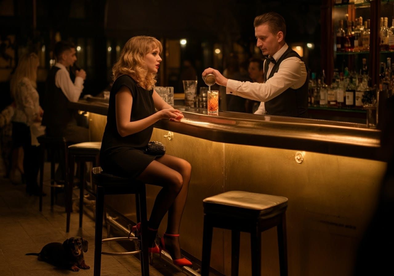 Woman in Black Evening Dress at a Bar