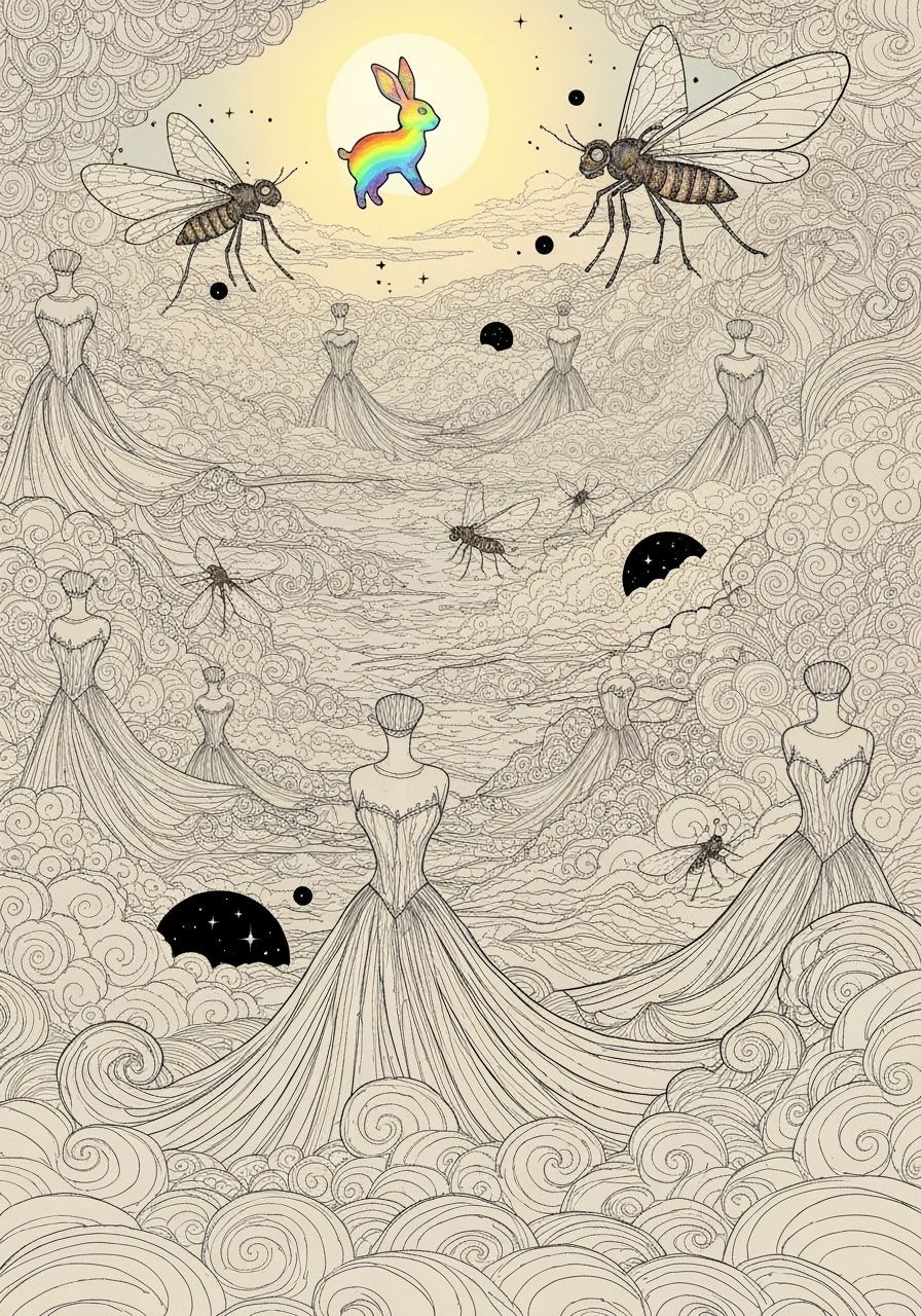 Surreal Rabbit Sun Among Clockwork Insects and Cloud Gowns