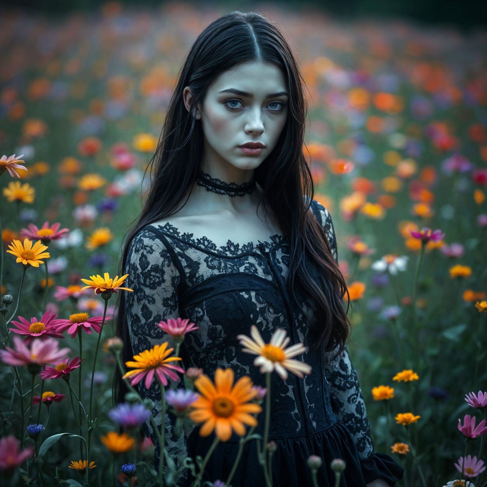 Gothic Woman in Wildflower Field: Victorian Art