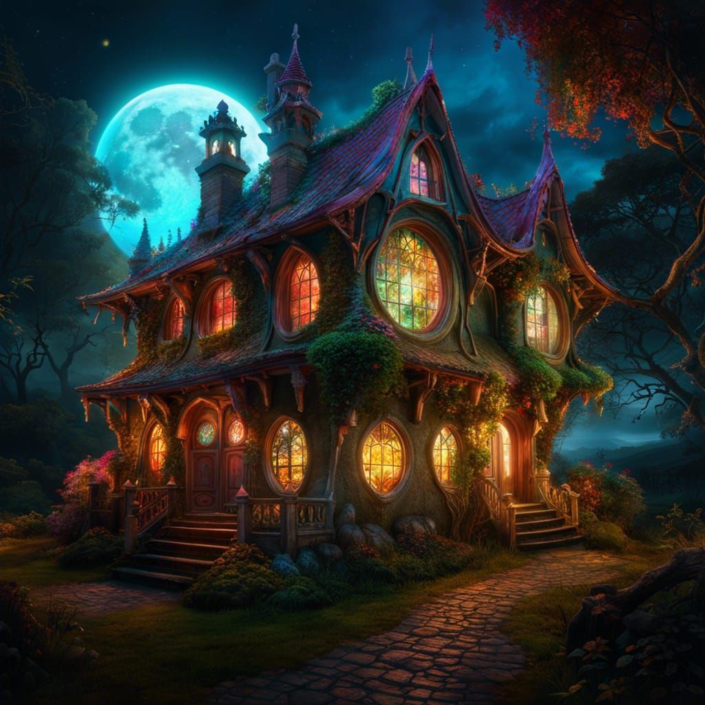 Illuminated Spooky Cottage with Ghost, Fantasycore Artwork