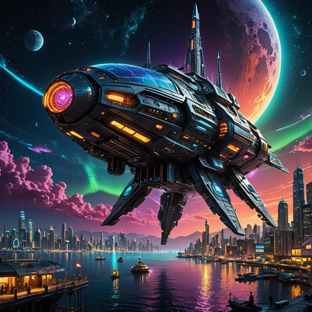 Neon City Skyship Concept Art