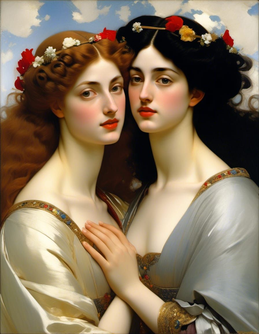 Lesbian Couple Embrace in Oil Painting Style