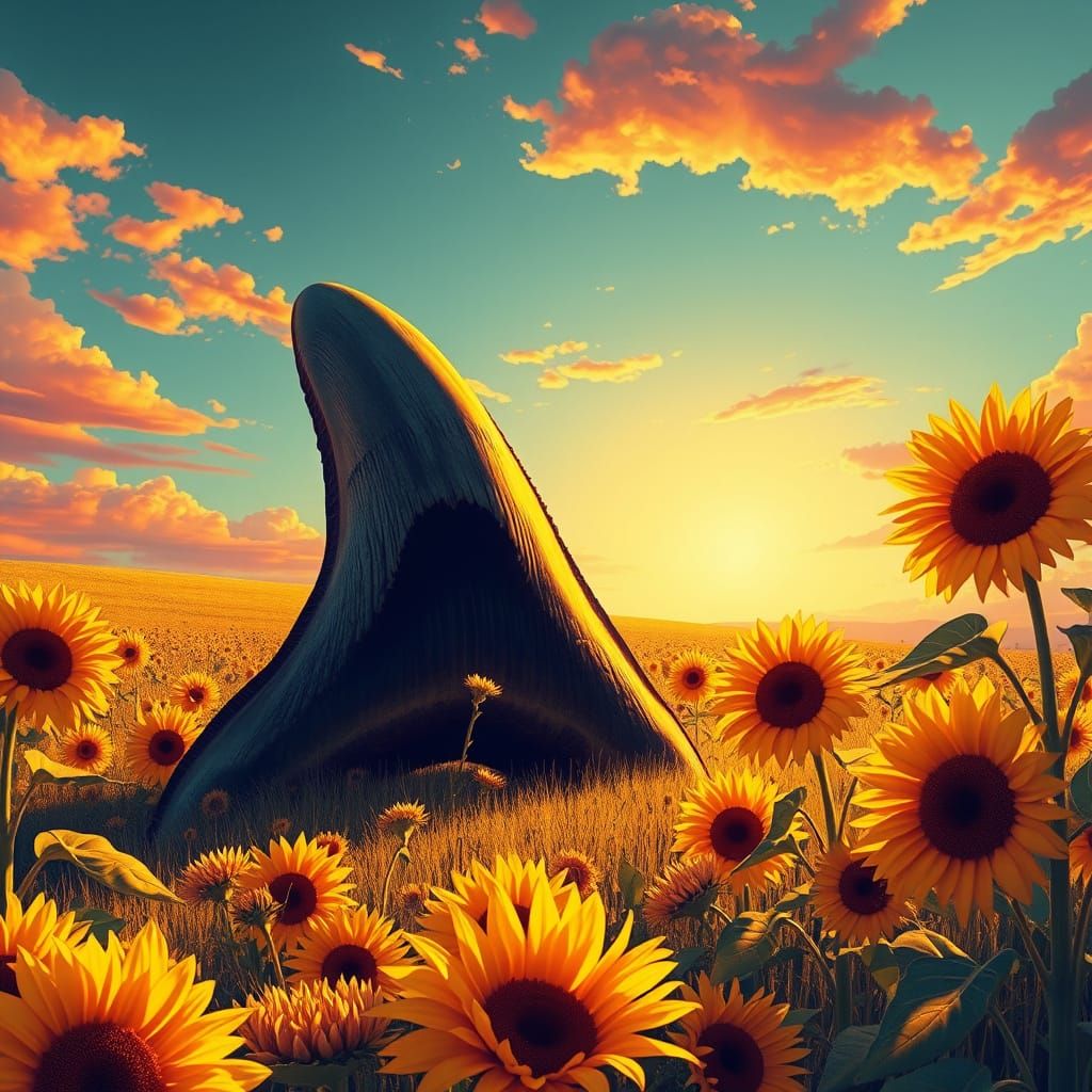 Shark Tooth in Sunflower Field, Vintage Poster Style
