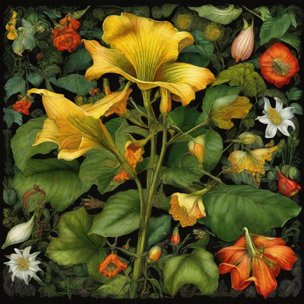 Angel-trumpet-flowers in a lush garden