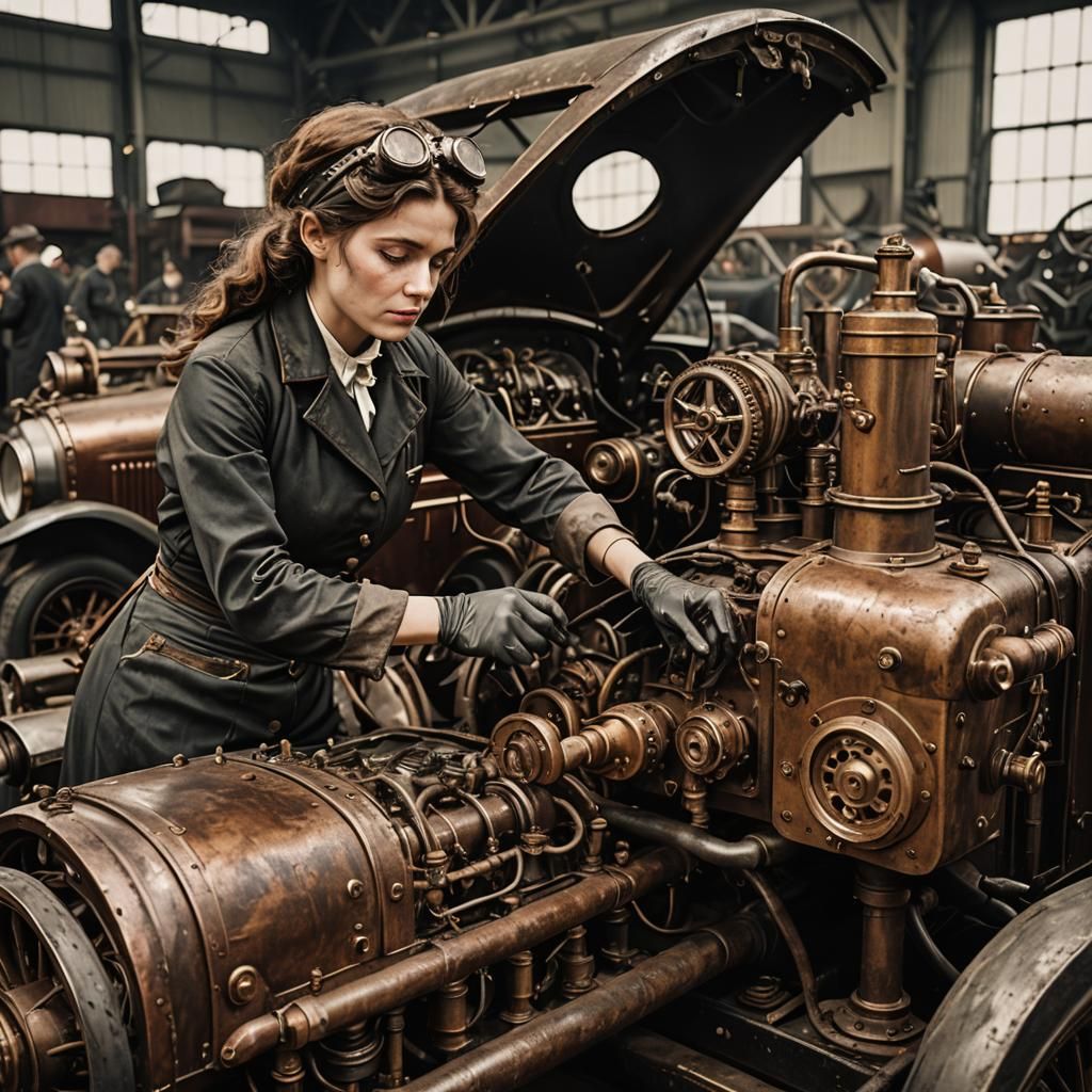 Female Mechanic Inspects Steampunk Car in Vintage Factory