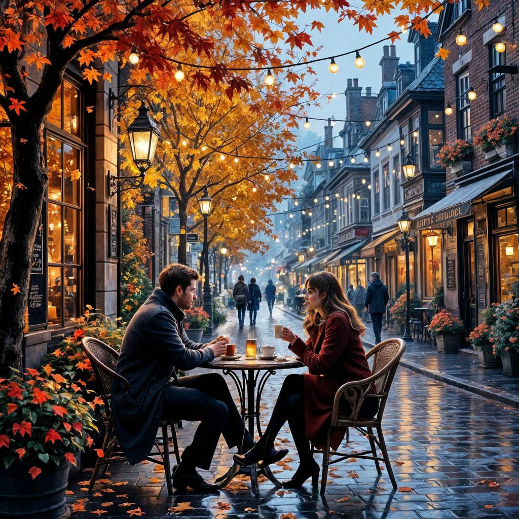 Cozy Autumn Cafe Scene with Twinkling Lights