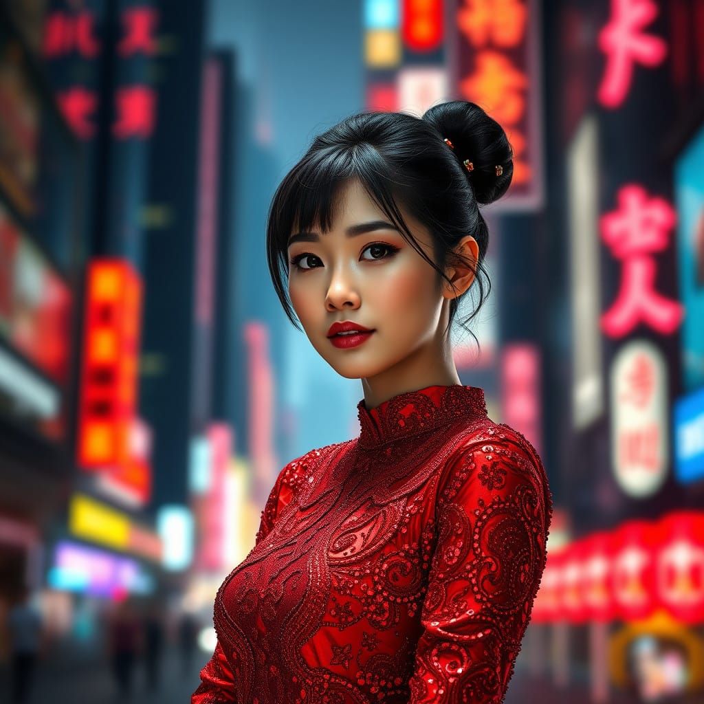 Futuristic East Asian Woman in Neon-Lit Urban Landscape