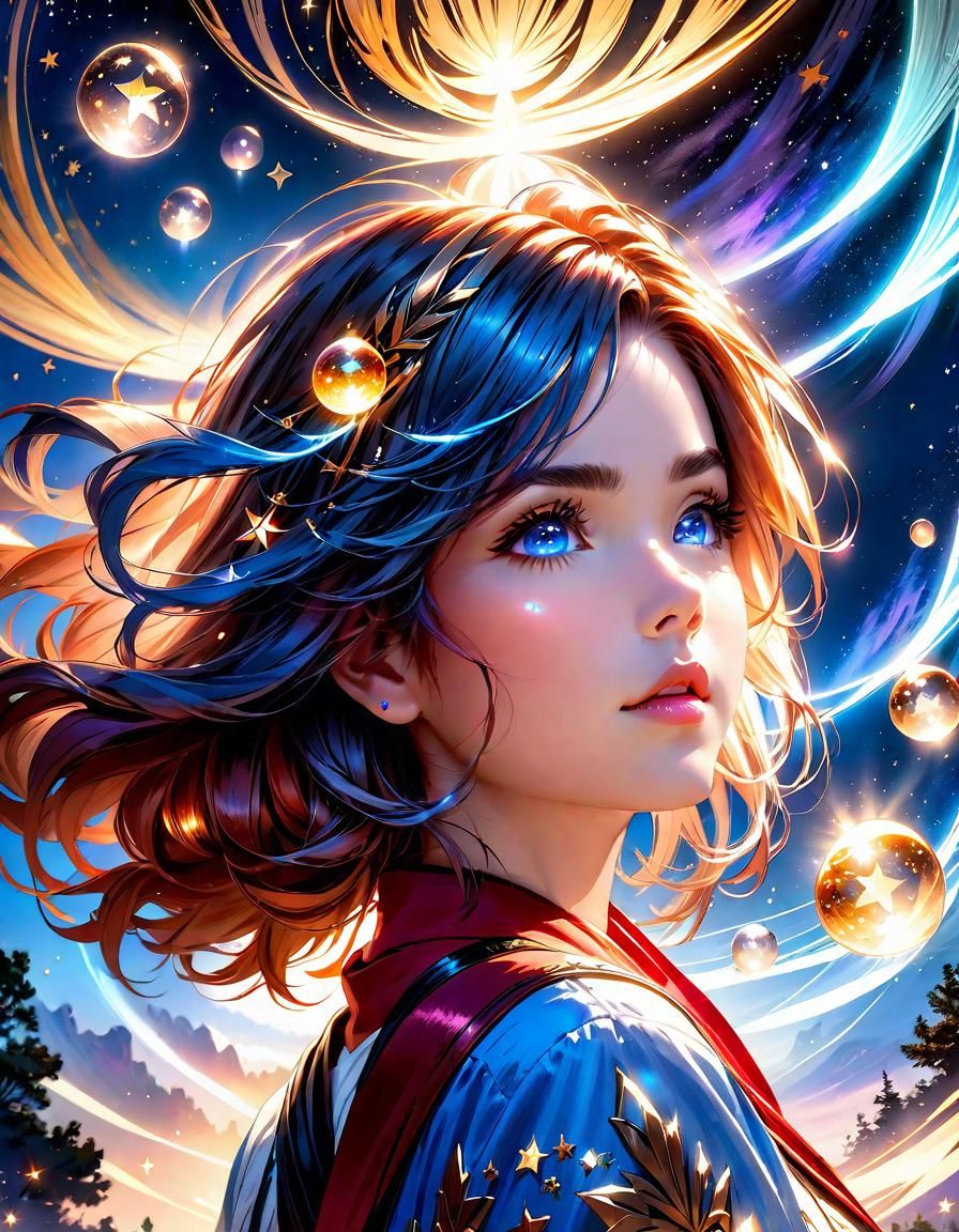 Girl Surrounded by Stars in Anime Style