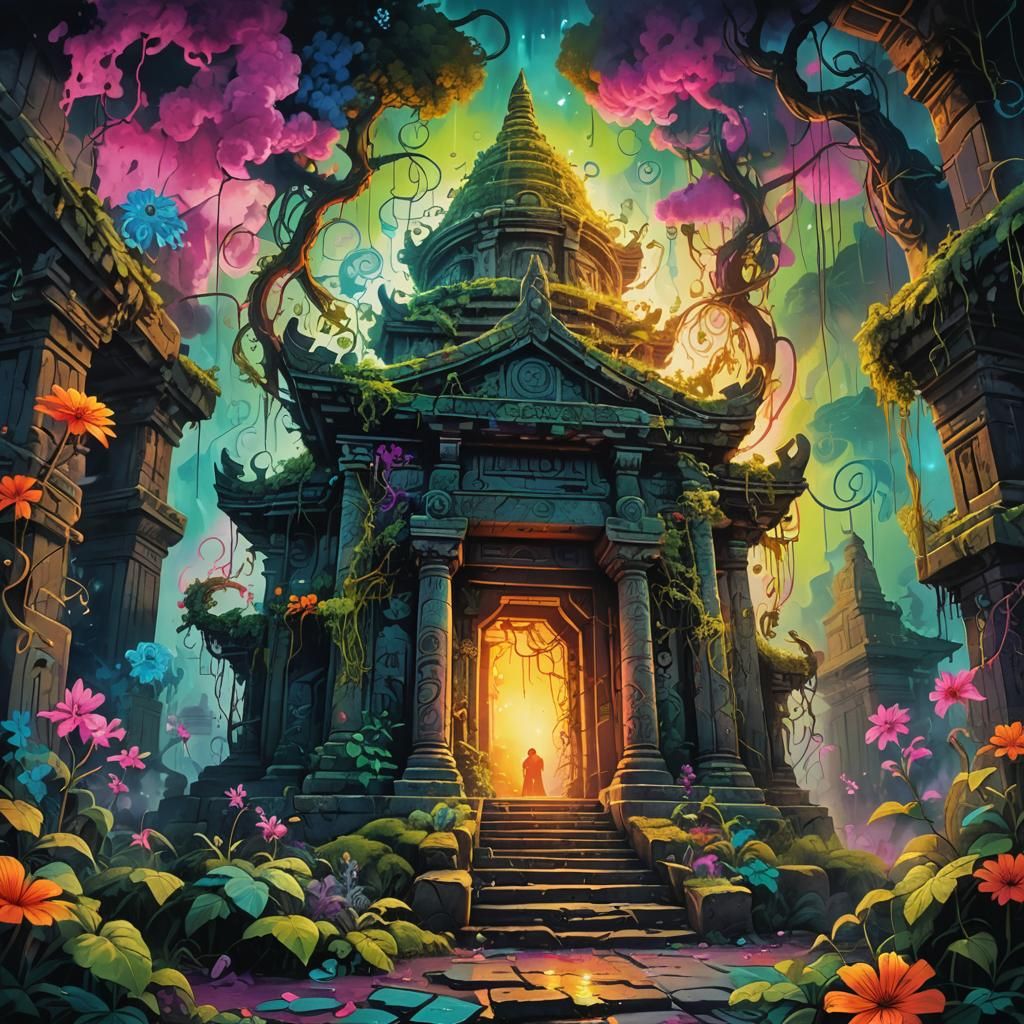 Mystical Temple Graffiti Art with Glowing Flora