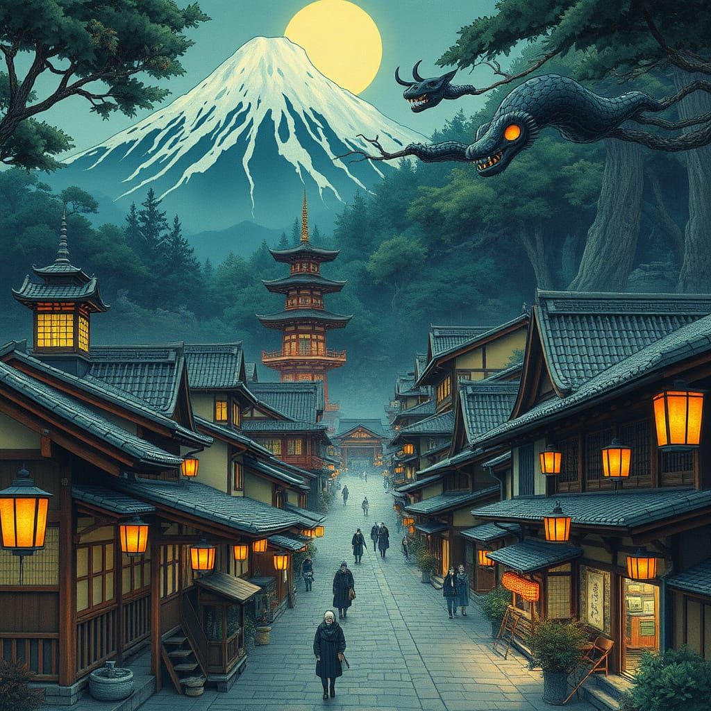 Traditional Japanese Village with Fantastical Ghosts