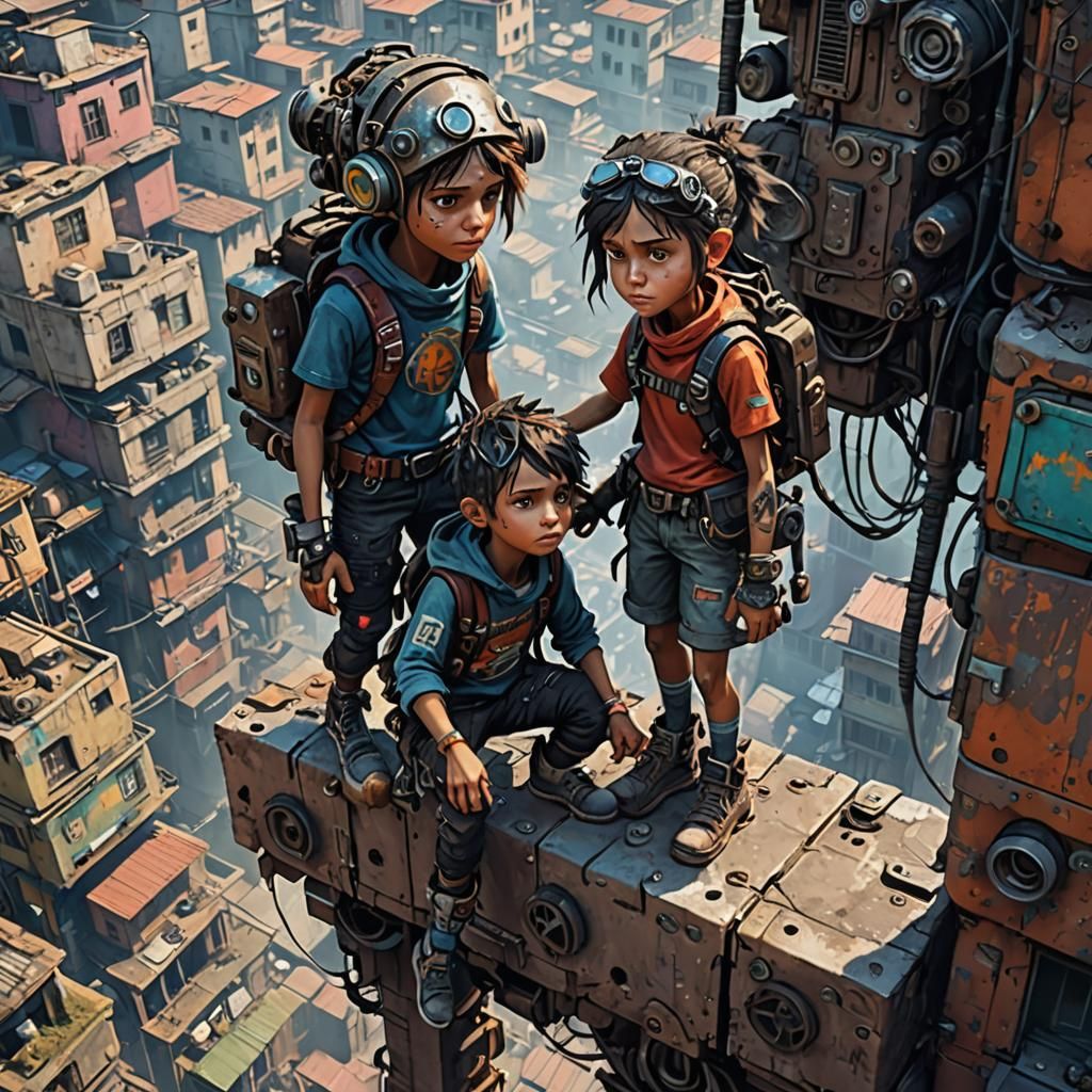 Cyberpunk Urchins Climbing Above Favela, Digital Art