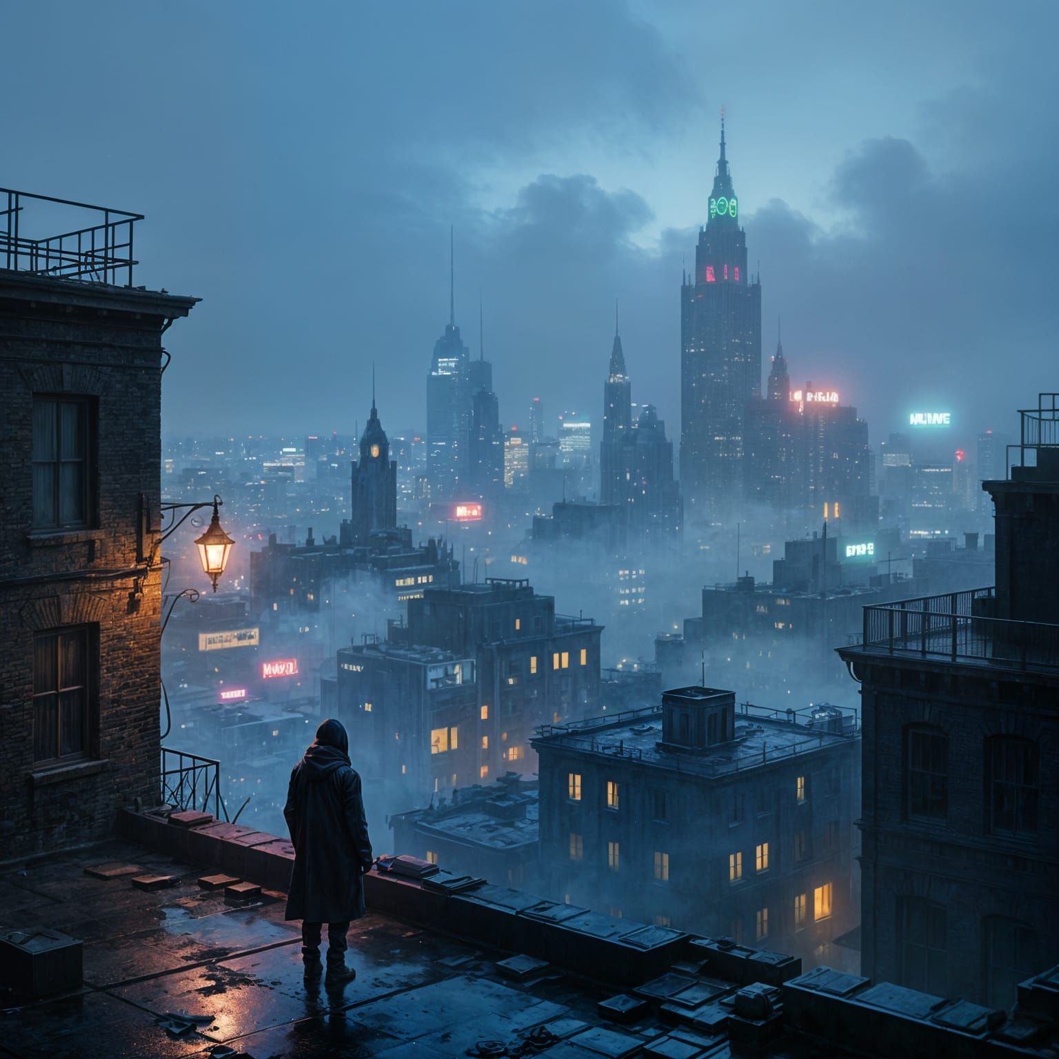 Lone Figure Overlooking Neon Cityscape at Dusk