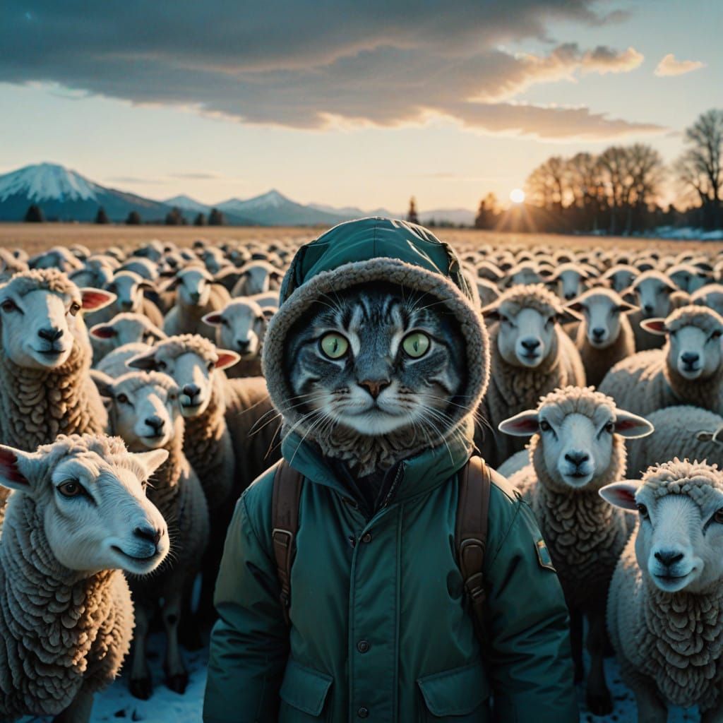 Cute Baby Cat Takes a Sunset Selfie with Adoring Sheep in Sn...
