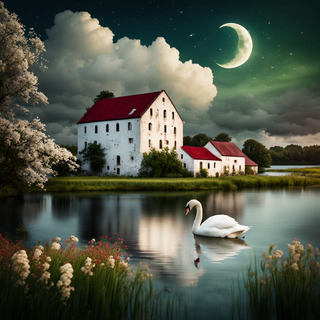 Pastoral Flour Mill by Serene Lake with Swans