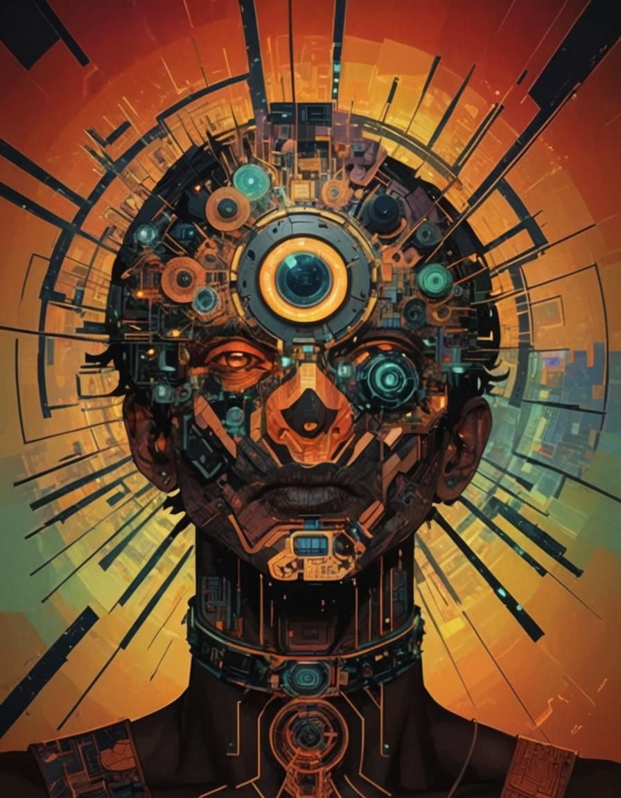 Pixelated Man with Data Stream Backdrop, in Art Deco Style