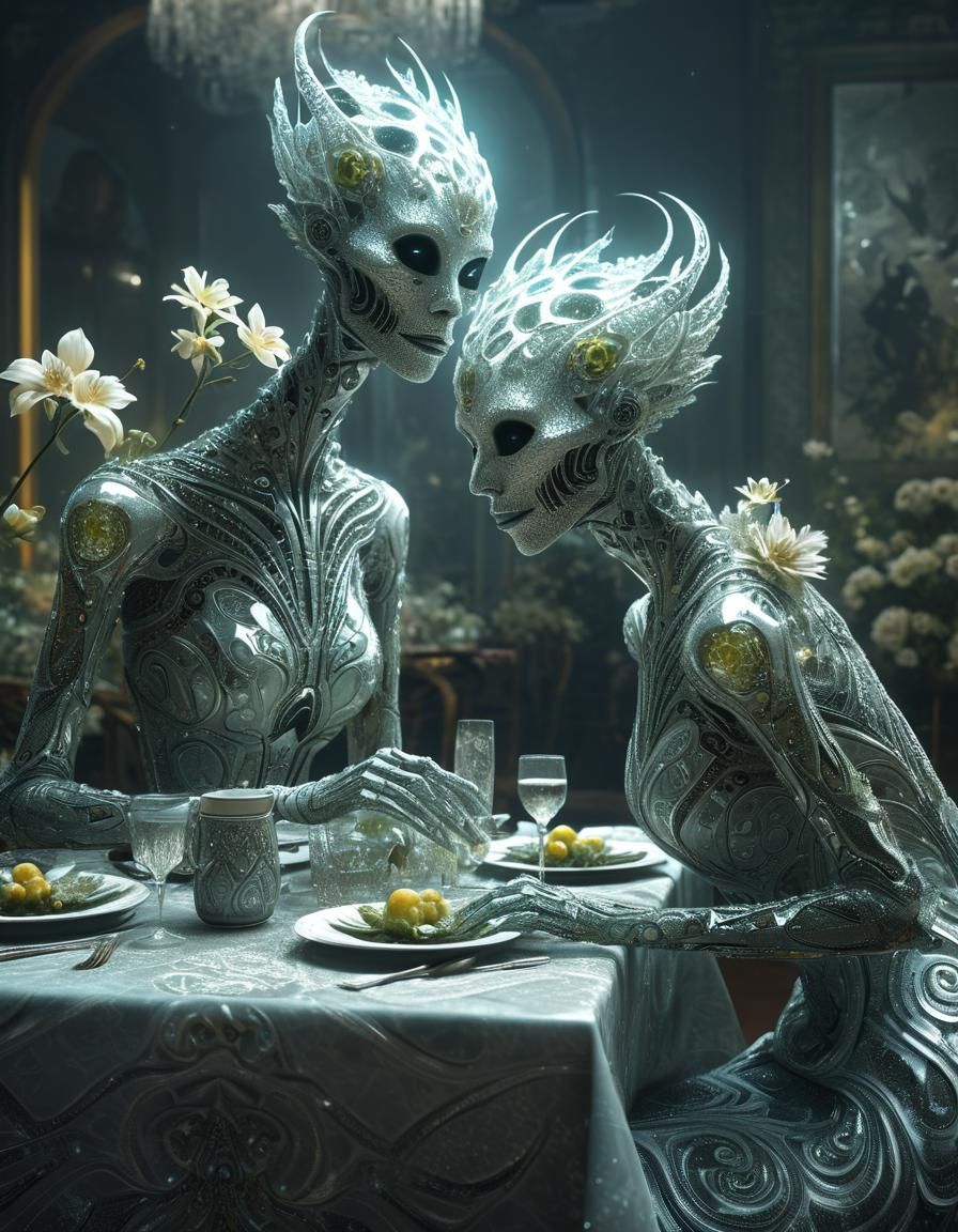 Sophisticated Aliens Celebrate in Surreal Restaurant