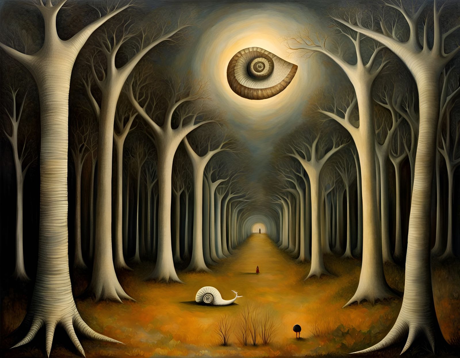 Surreal Forest Landscape with Giant Snail Shell