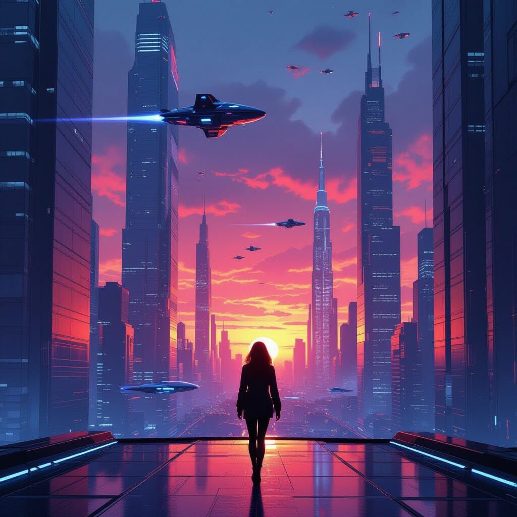Futuristic Cityscape with Metallic Sunset in Neon Style