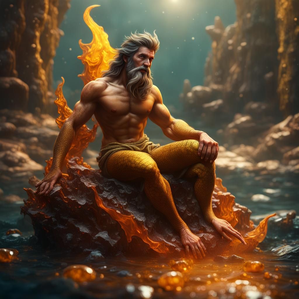 Merman Encased in Amber Stone: Detailed Matte Painting