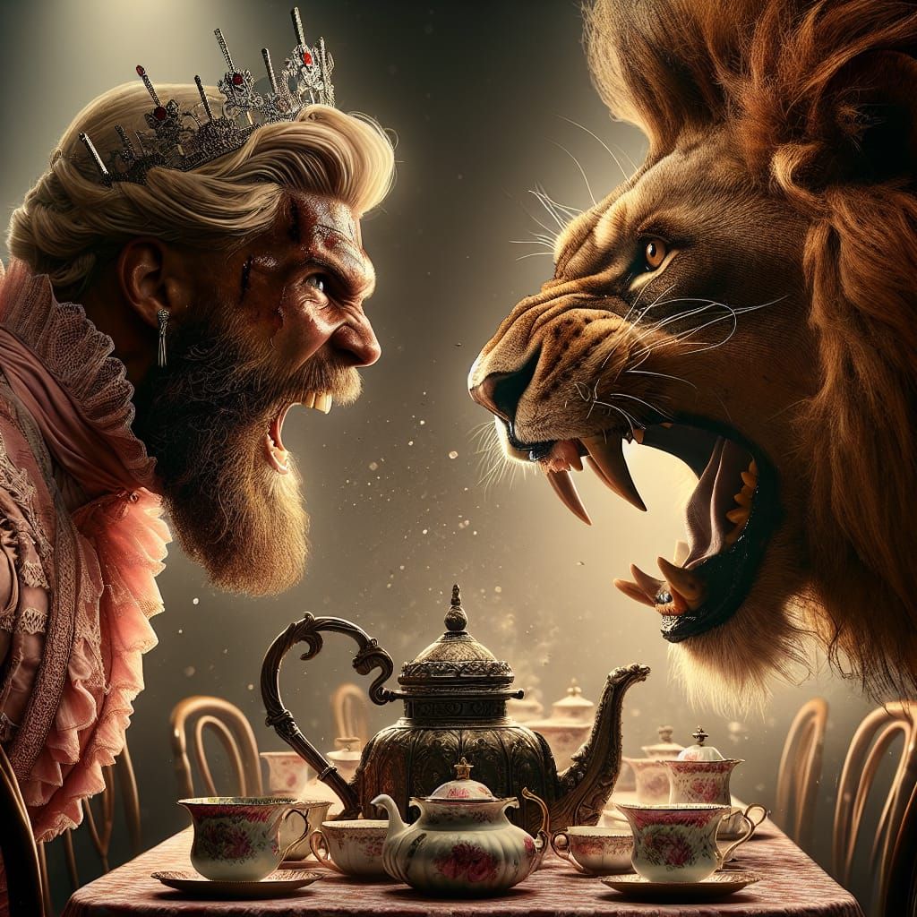 Gladiatorial Tea Party: Princess vs Lion in Hyperreal Detail
