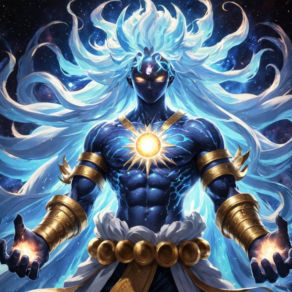 God of Calamity with Galaxy Orbs and Flame Aura