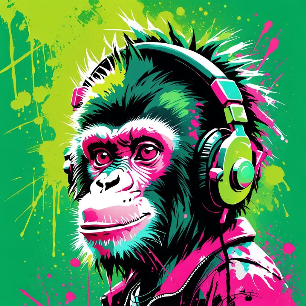 Punk Rock Monkey Writes with Headphones On