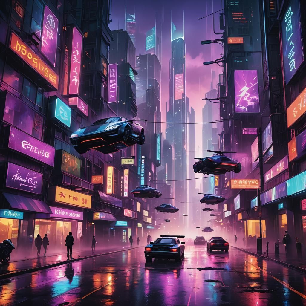 Vibrant Futuristic Cityscape with Flying Cars