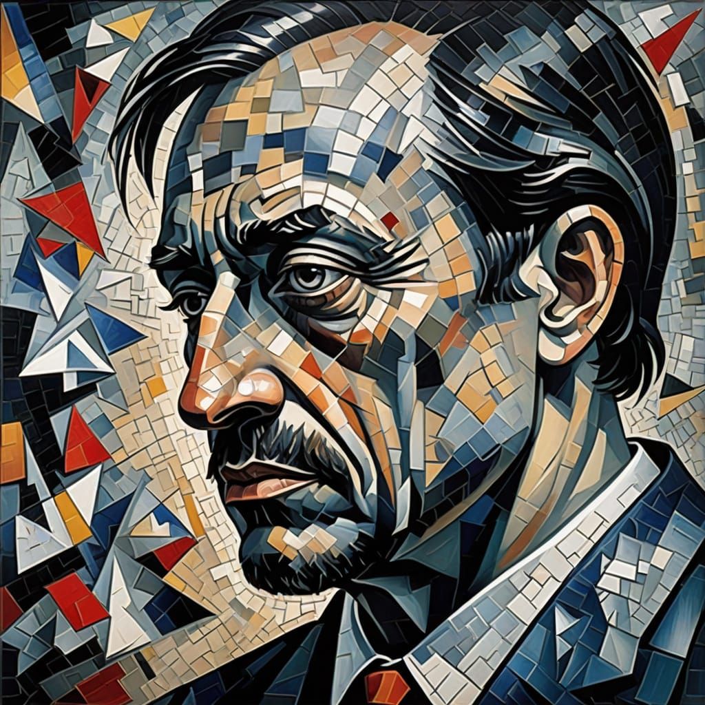 Pensive Man's Face in Mosaic Art Style