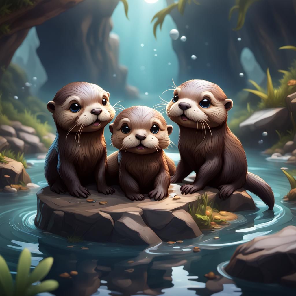 Joyful Otters Playing in Chibi Style