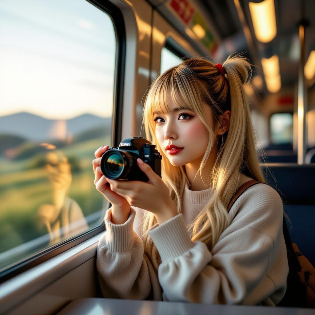 Japanese Woman Photographer in Train, Hyperrealistic Portrai...
