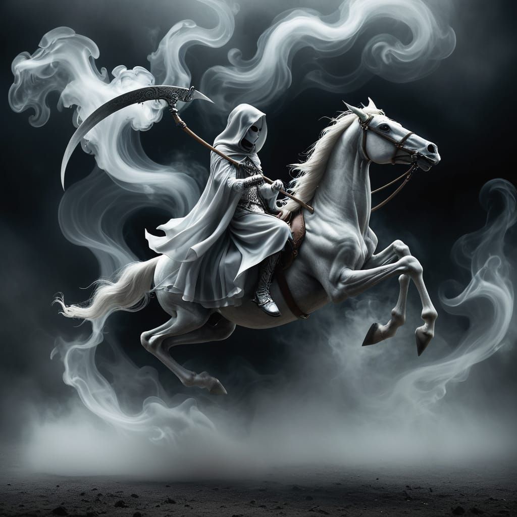 Ethereal Reaper Rides Skeletal Steed Through White Smoke