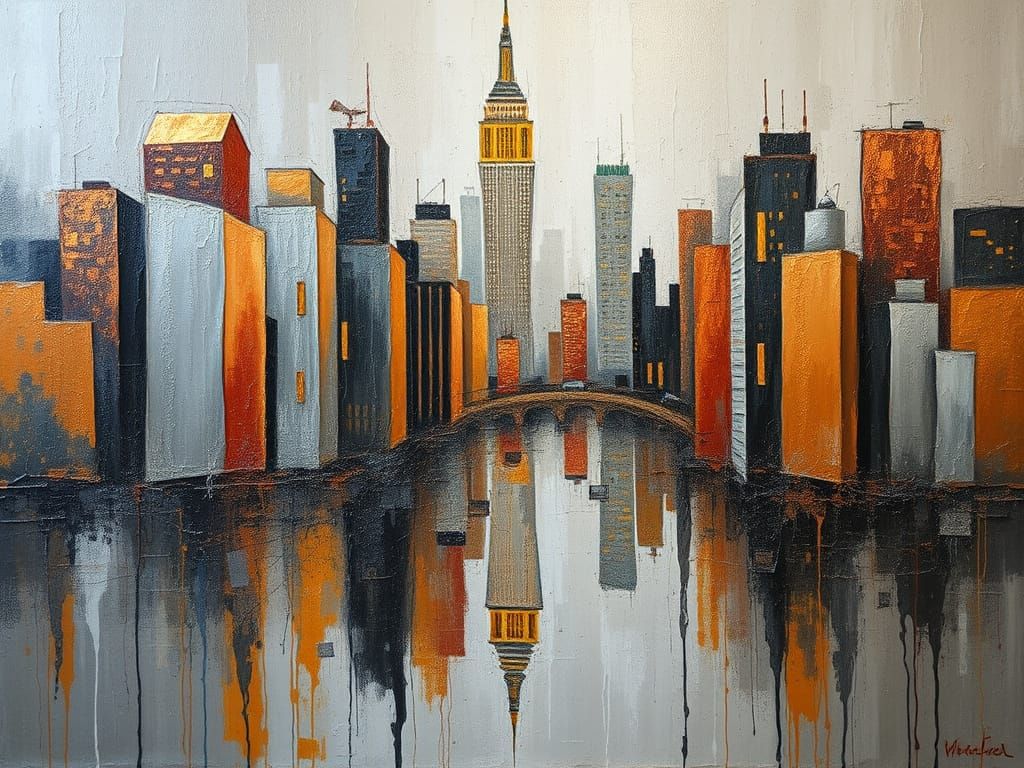 Copper and Silver Cityscape as Impasto Painting