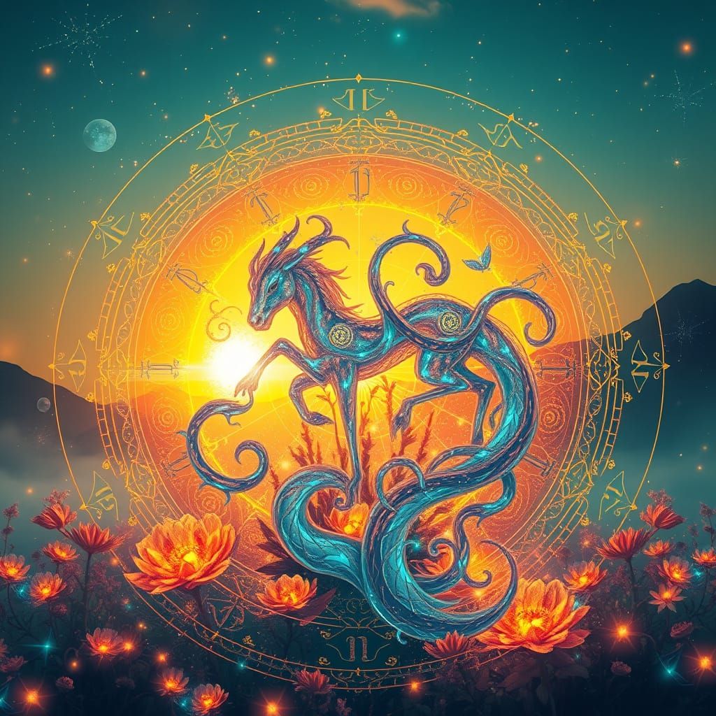 Ethereal Zodiac in Golden Sunset, Iridescent Patterns and Wh...