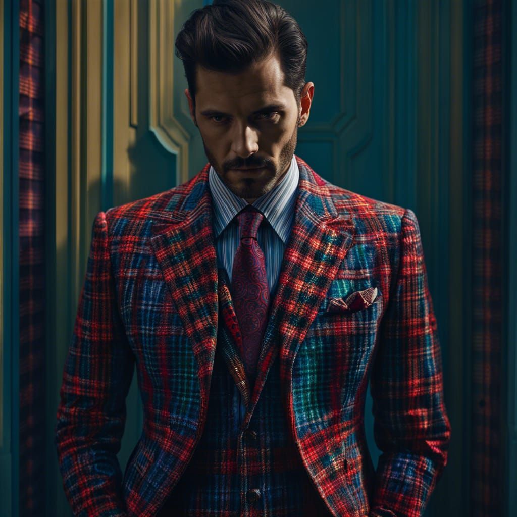 Hyperrealistic Man in Intricate Plaid Suit