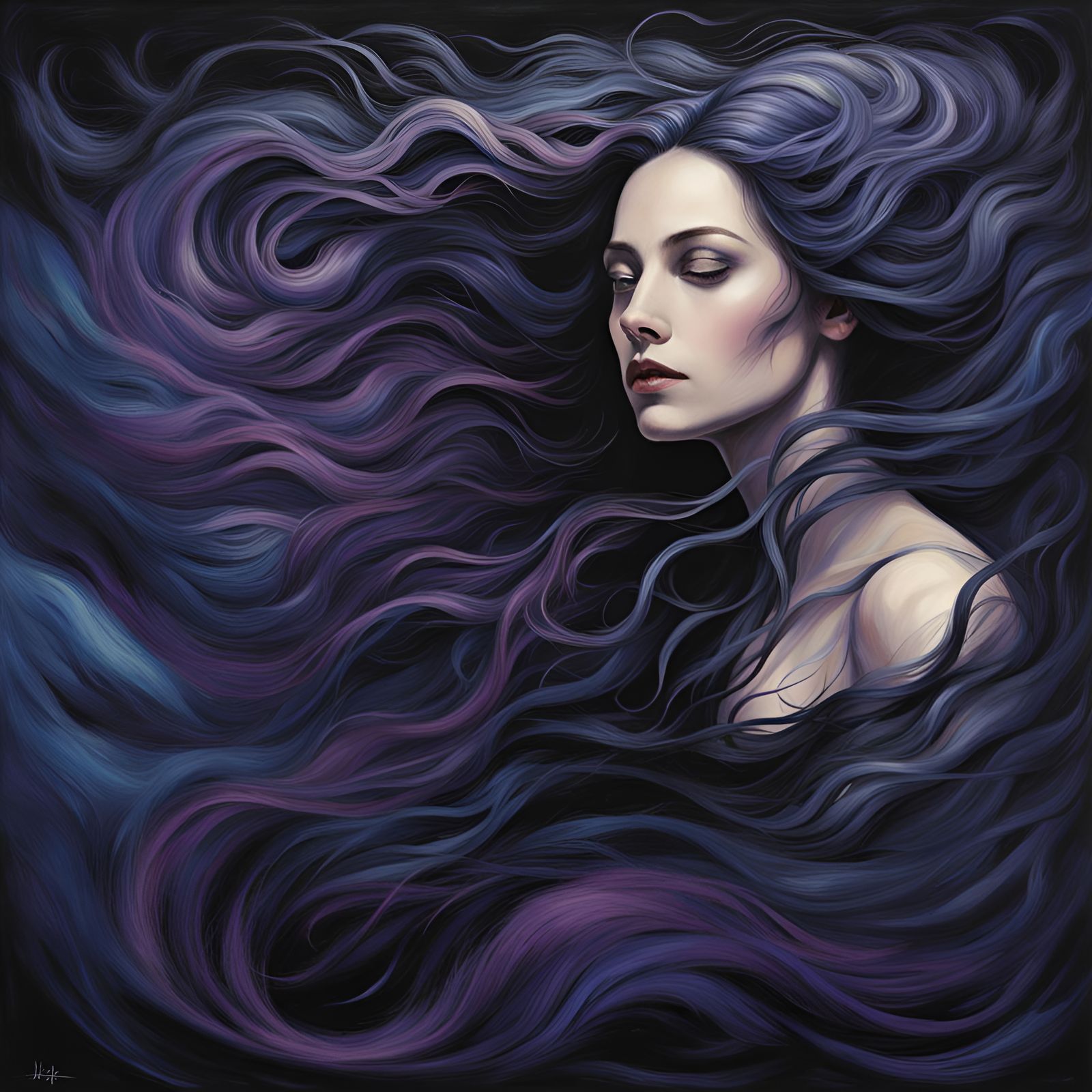 Brooding Woman with Dark Flame Hair in Avant-Garde Style
